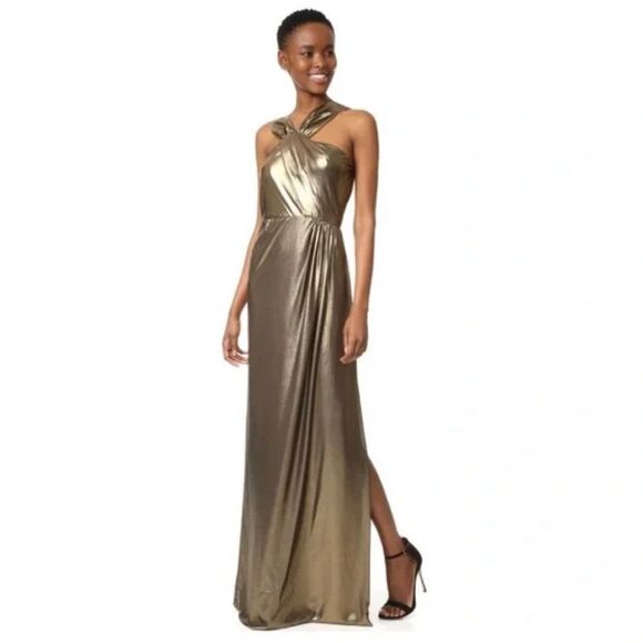 Parker Black Gold Metallic Halter Maxi Gown Asymmetrical Formal Dress 6 - Picture 16 of 16